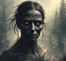 Fototapeta premium Illustration of spooky face with distopian environment.