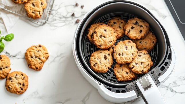 Freshly baked chocolate chip cookies in an air fryer on a marble countertop. - Powered by Adobe