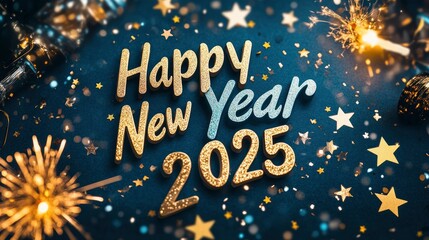 Fototapeta premium Ring in 2025 with vivid turquoise lettering on a navy canvas, with accents of sparkling gold stars and fireworks.