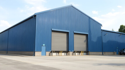 Fototapeta premium A large blue industrial warehouse with a sloped metal roof and tall loading doors, viewed in daylight