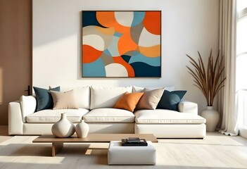 A modern abstract painting with organic shapes and curves in shades of orange, blue, and white , displayed on the wall of a minimalist living room with a white sofa , coffee table , and decorative.