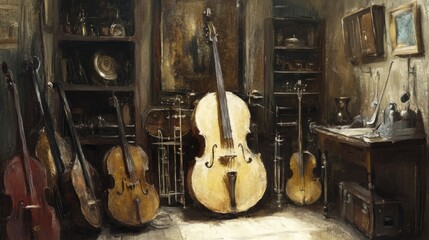 Naklejka premium An artistic depiction of a music room filled with various string instruments and decor.