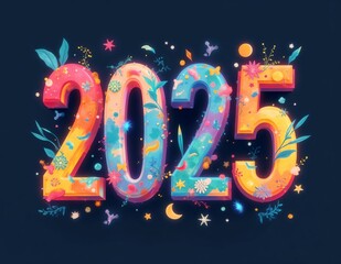 Whimsical 2025 Typography with Floral and Cosmic Decorations