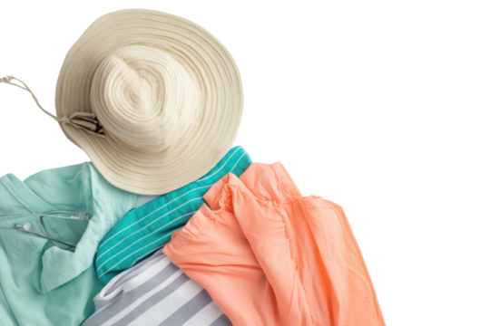 Summer Essentials Flatlay: A sun hat, sunglasses, and lightweight clothing arranged for a carefree and stylish summer vacation.