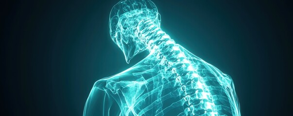 A glowing, translucent representation of a human spine viewed from the back, highlighting the vertebrae and internal structure in a digital format.