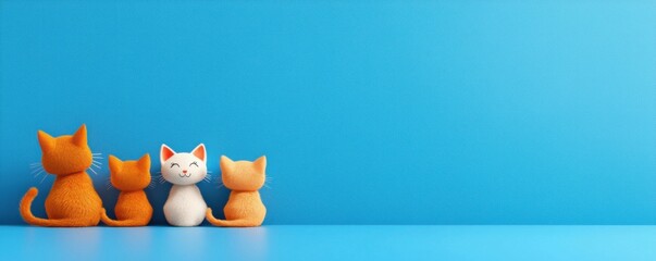 Four colorful cat figurines stand against a bright blue background, creating a cheerful and playful atmosphere.