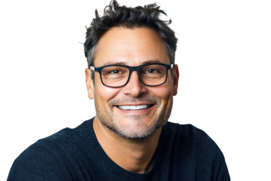 Smiling Man Portrait: A charismatic middle-aged man with dark hair and glasses beams radiantly, conveying confidence and approachability.