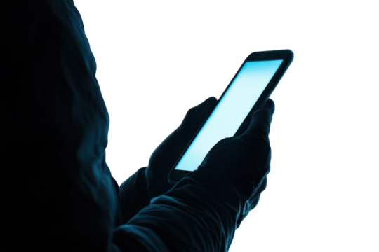 Digital Shadow: A mysterious figure shrouded in darkness, their face obscured, holds a glowing smartphone with a blank screen, suggesting a sense of secrecy, anonymity, and potential danger.  
