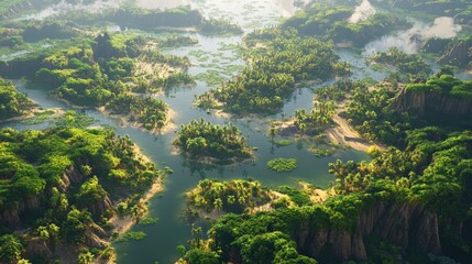 River delta with intricate waterways surrounded by lush vegetation