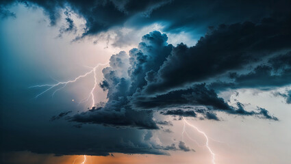 Obraz premium Powerful thunderstorm clouds with lightning strikes highlighting dramatic weather effects. Generative AI