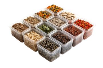 Aromatic Herb Collection: An array of dried herbs in clear containers, ready to infuse flavor into your culinary creations.  A visual feast for the senses.