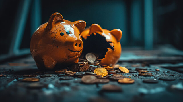 Broken piggy bank with coins scattered around, symbolizing financial struggle and the need for careful budgeting and saving.