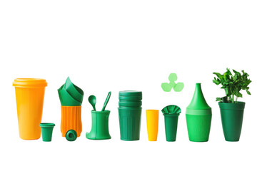 Fototapeta premium Recycled plastic products for home and garden, promoting eco-friendly practices, isolated on transparent and white background.PNG image