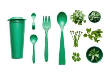 Recycled plastic products for home and garden, promoting eco-friendly practices, isolated on transparent and white background.PNG image