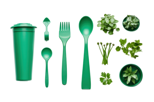 Recycled plastic products for home and garden, promoting eco-friendly practices, isolated on transparent and white background.PNG image