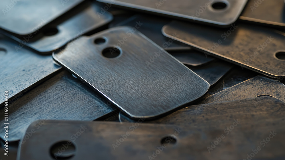 Poster steel metal tag plate of rectangular, square and round shape with rivets. realistic vector set of bl