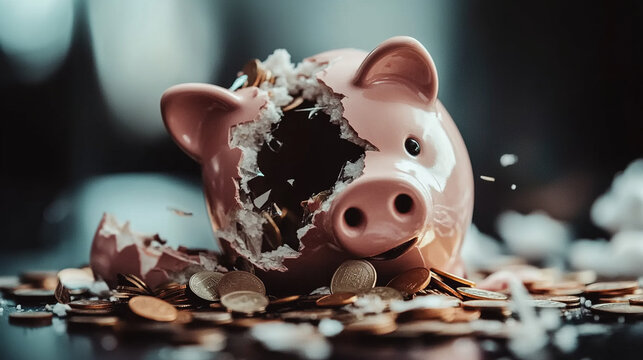 Broken piggy bank with coins scattered around, symbolizing financial struggle and the need for careful budgeting and saving.