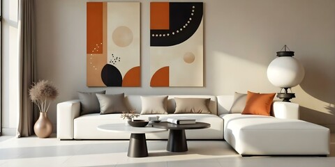 Two abstract paintings with geometric shapes and patterns in shades of orange, black, and beige . The paintings are hung on a white wall above a white sofa with neutral-colored cushions and a round.