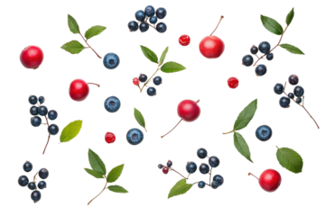 Fresh Berries and Twigs Pattern: A whimsical and vibrant arrangement of blueberries, red berries, and delicate green twigs creates a captivating, organic pattern. perfect for culinary, food.