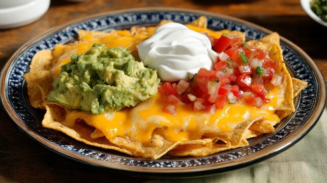 Delicious nachos with melted cheese, guacamole, salsa, and sour cream on a plate