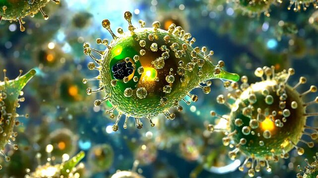 Microscopic view of vibrant microorganisms displaying intricate structures in a laboratory setting