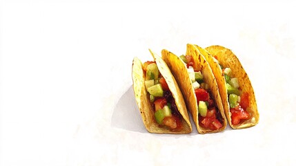 Three delicious tacos filled with diced tomatoes, avocado, and other vegetables, presented on a white background.