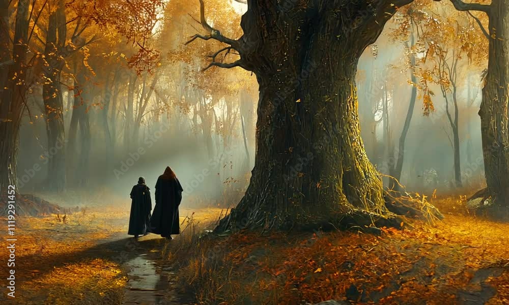 Poster two figures in hooded cloaks walk through a mystical autumn forest with a large oak tree and stream.