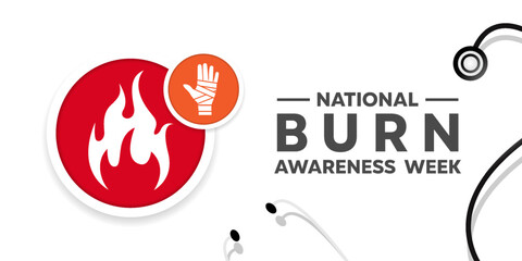 National Burn Awareness Week. Fire, hand and stesthoscope. Great for cards, banners, posters, social media and more. White background.