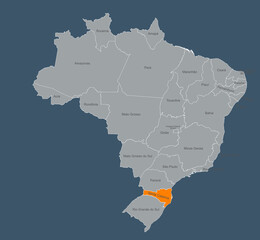 Map of brazil Highlighting Santa Catarina Region with Labeled Provinces