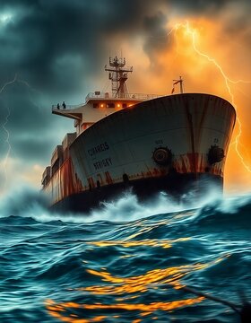 in ocean strong stome with big ship drak weather