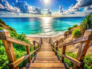 Obraz premium Stairway to Beach: Coastal Steps, Ocean View, Summer Vacation, Paradise Path, Sandy Shore, Scenic Walkway, Coastal Escape, Seaside Steps, Sunlit Staircase, Tropical Beach Access