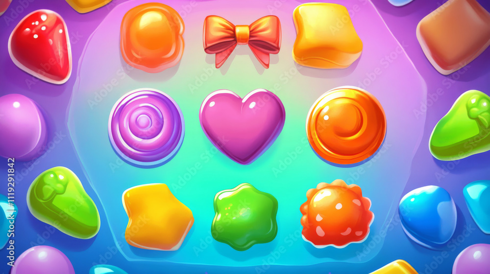 Aufkleber match 3 game background with cute candy icons, buttons and assets for gui mobile phone app. vector c