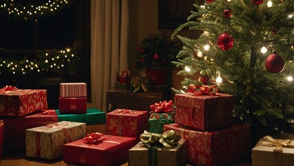 Obraz premium Christmas Cheer: A Christmas tree adorned with twinkling lights and ornaments stands tall, surrounded by a mountain of wrapped gifts, radiating festive joy and anticipation. 