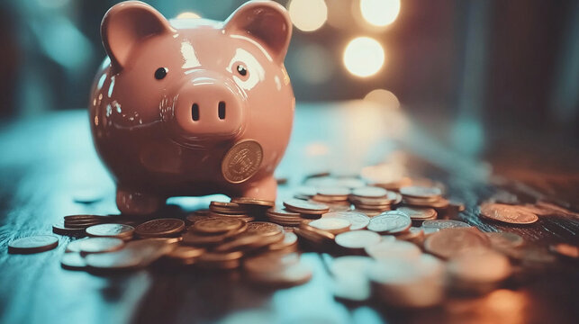 Broken piggy bank with coins scattered around, symbolizing financial struggle and the need for careful budgeting and saving.