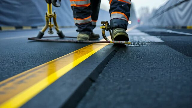 Road Construction Worker Applying Yellow Line