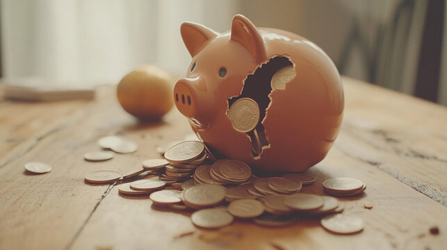 Broken piggy bank with coins scattered around, symbolizing financial struggle and the need for careful budgeting and saving.