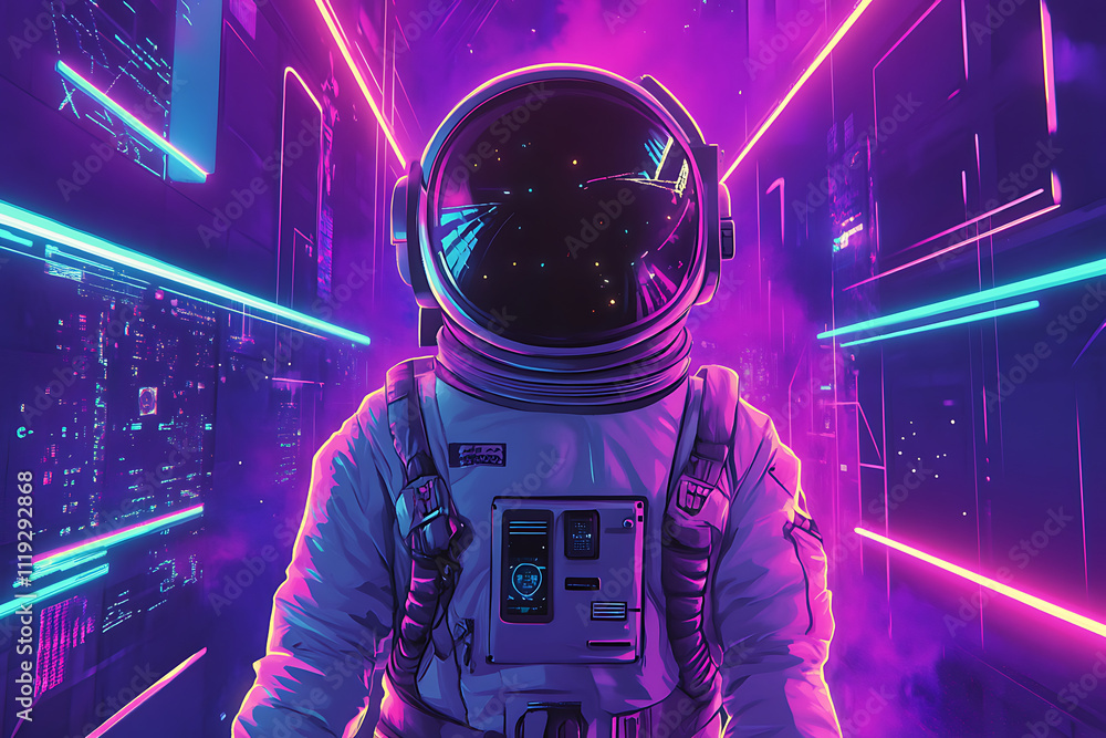 Poster a vibrant astronaut in a futuristic setting with neon lights and digital elements.