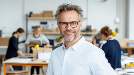 Obraz premium A confident man with glasses smiles in a creative workspace, surrounded by individuals engaged in various projects.