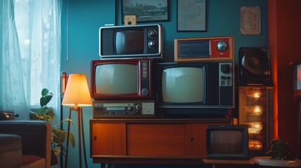 Immersive Vintage Lifestyle Setting with Retro Televisions and Classic Decor Creating a Nostalgic Atmosphere in a Cozy Living Room Space
