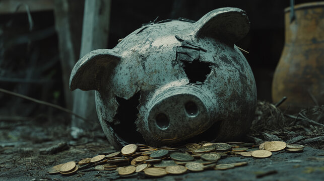 Broken piggy bank with coins scattered around, symbolizing financial struggle and the need for careful budgeting and saving.