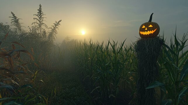 A spooky scarecrow with a jack-o'-lantern head stands in a misty cornfield at sunrise. AI.
