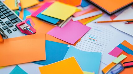 Colorful Office Stationery and Paper Supplies on a Desk Surface