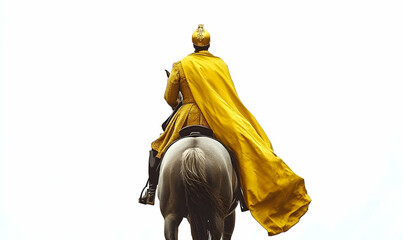 Obraz premium A person in a yellow cape rides a white horse, facing away against a bright background.
