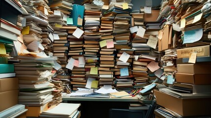 Fototapeta premium Chaos of Disorganized Papers and Files in Busy Office Space