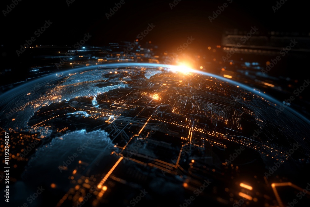 Poster a captivating digital representation of earth with glowing lines and connections, symbolizing global