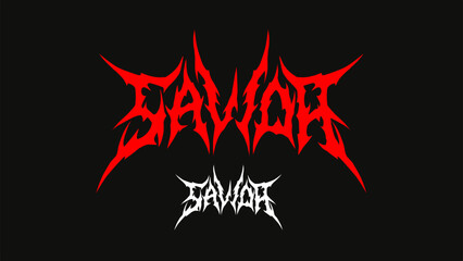 Savior text typography vector in a striking and intense dark red metal font style for t-shirt print apparel, sticker, poster, metal band logos