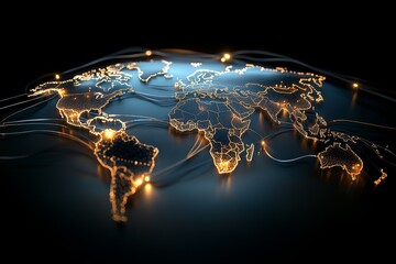 A digital map with illuminated pathways highlighting a global network, symbolizing interconnectedness and the seamless flow of information across the world.