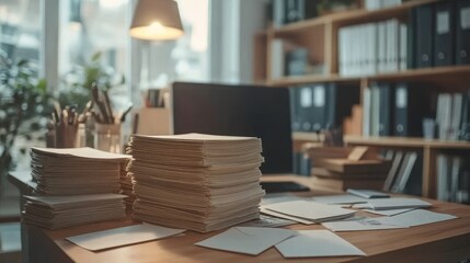 Organized Desk with Piles of Documents and Office Supplies