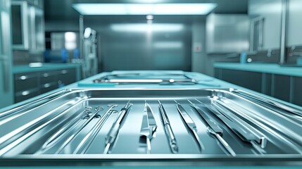 Surgical instruments arranged on a sterile tray in modern operating room