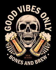 A vintage-inspired vector illustration featuring a skull holding two beer mugs.